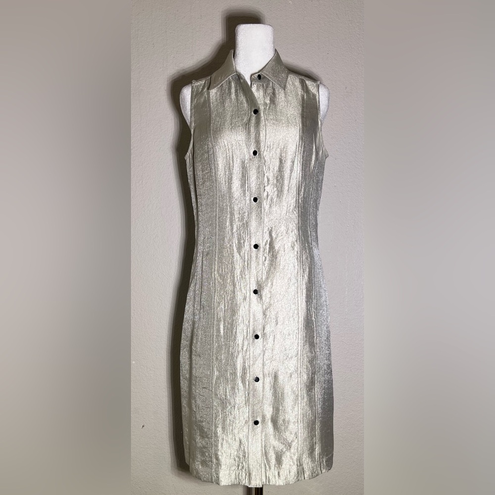 White House Black Market Silver Metallic Button Front Dress Size 2